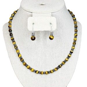 Genuine Tigers Eye 925 Sterling Stone Beaded Necklace & Earring Matching Set